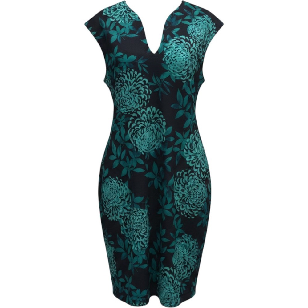 NorthStyle Black Teal Floral Sheath Dress V-Neck Chic | Size 16